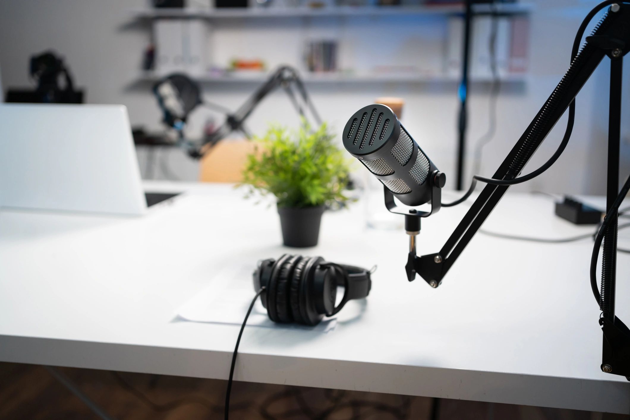 Headphones and microphone in a radio studio