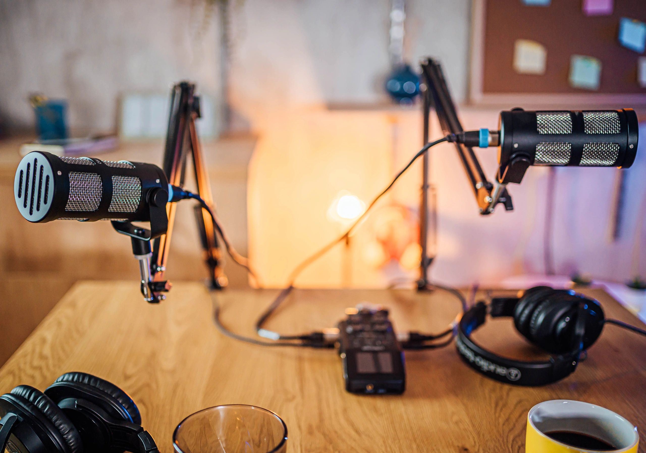 Podcast microphone and recording equipment in a studio