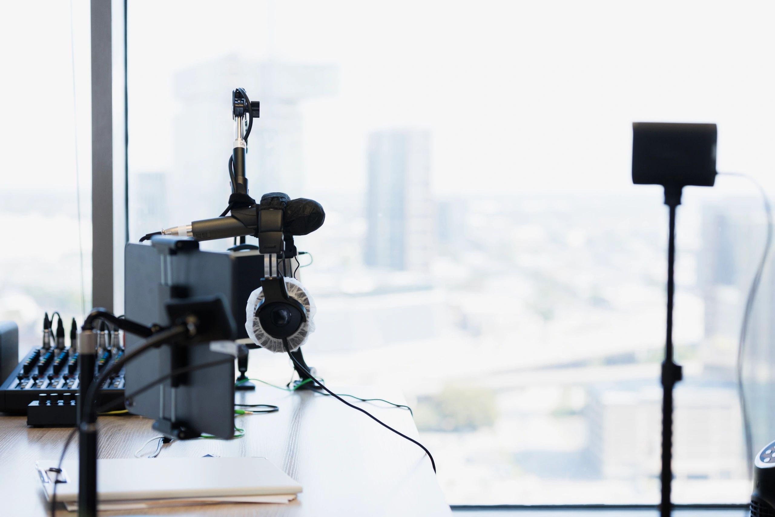 Podcast studio setup with professional audio equipment