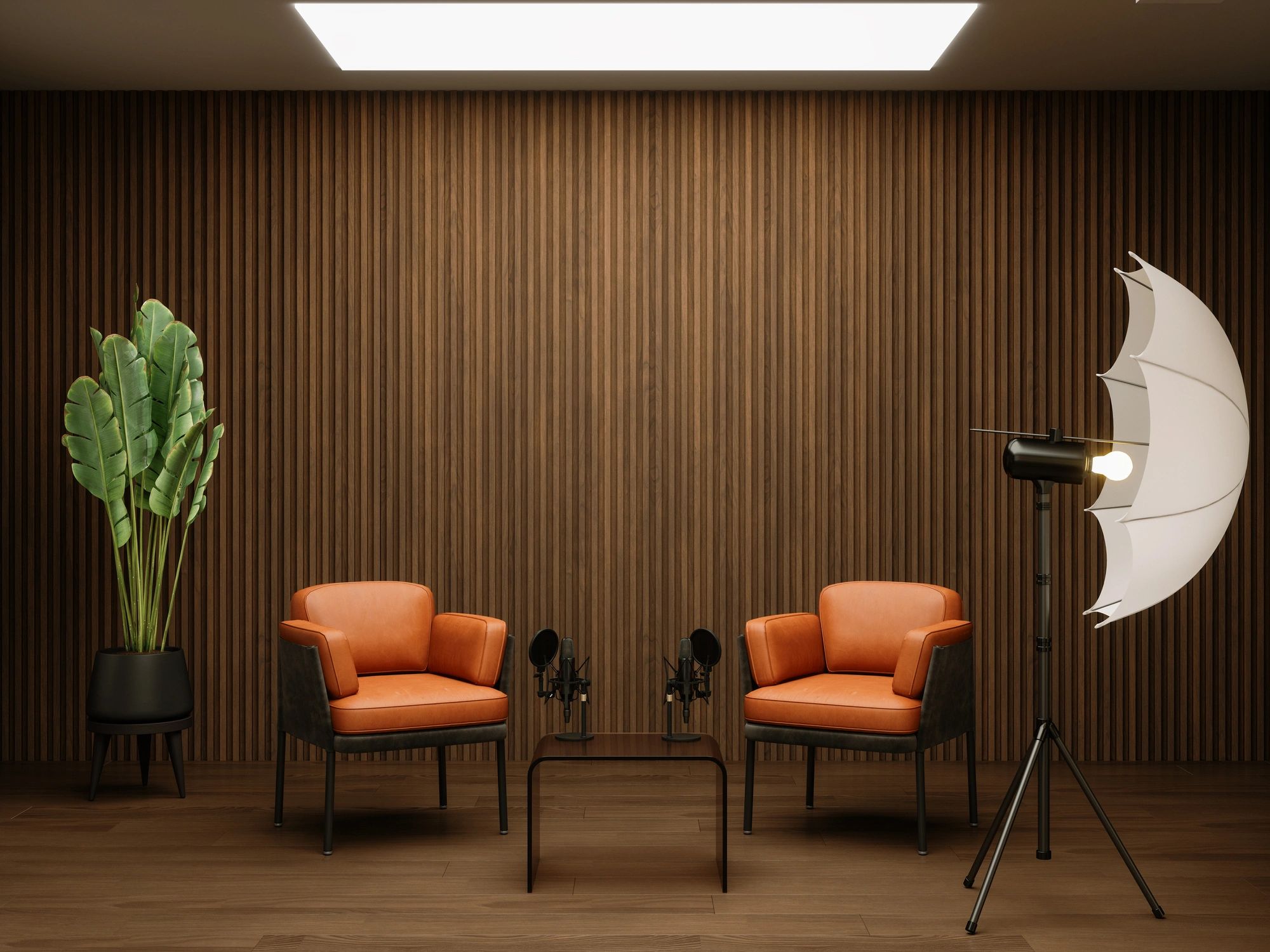 Modern radio studio set with microphones and seating