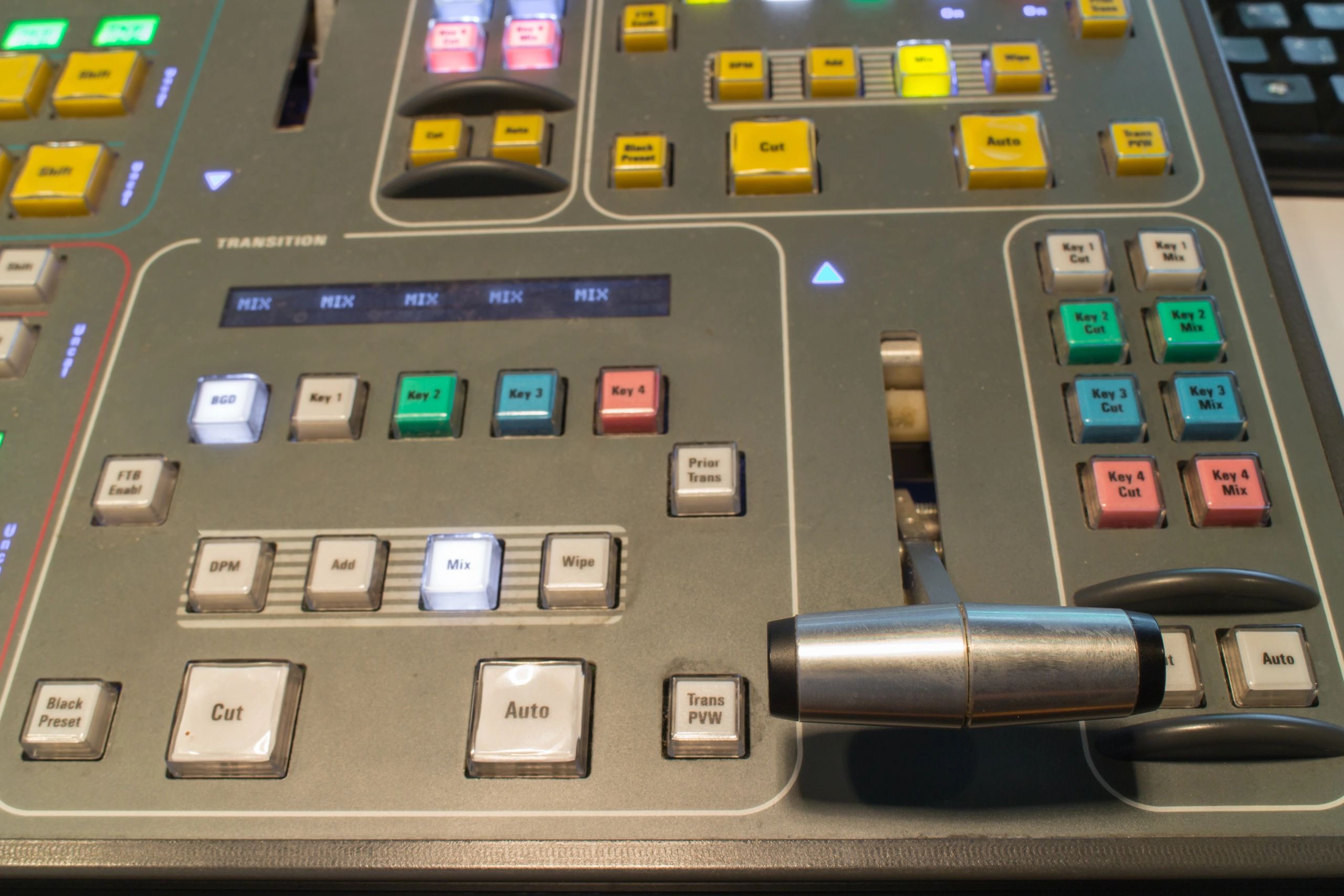 Broadcast control panel with buttons and screens